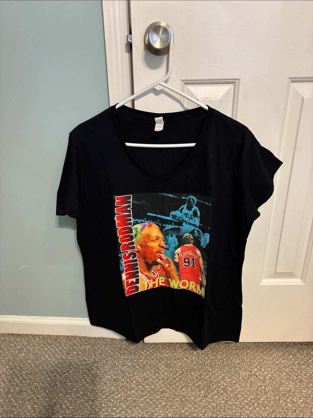Gildan Black Short Sleeve V-Neck Tee with Multi-Color Graphic